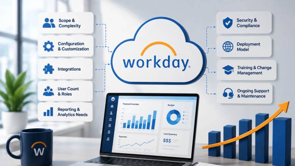 Workday implementation cost factors, including project scope, customization, integration, data migration, and consulting services.