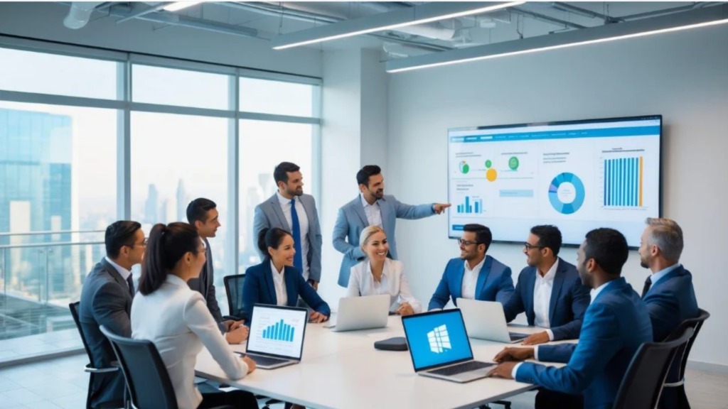 Business consulting team collaborating on enterprise technology and specialized business solutions