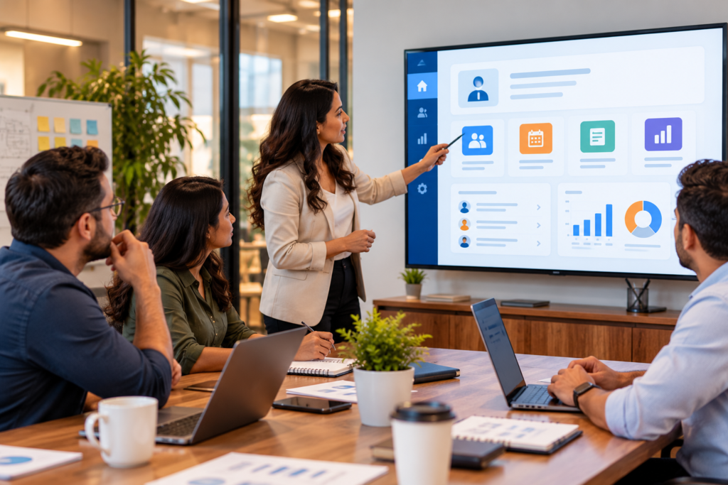 Business professionals reviewing Workday implementation plans and HR finance workflows